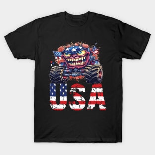 USA Monster Truck American Flag 4th July Men Boys Girls Race T-Shirt